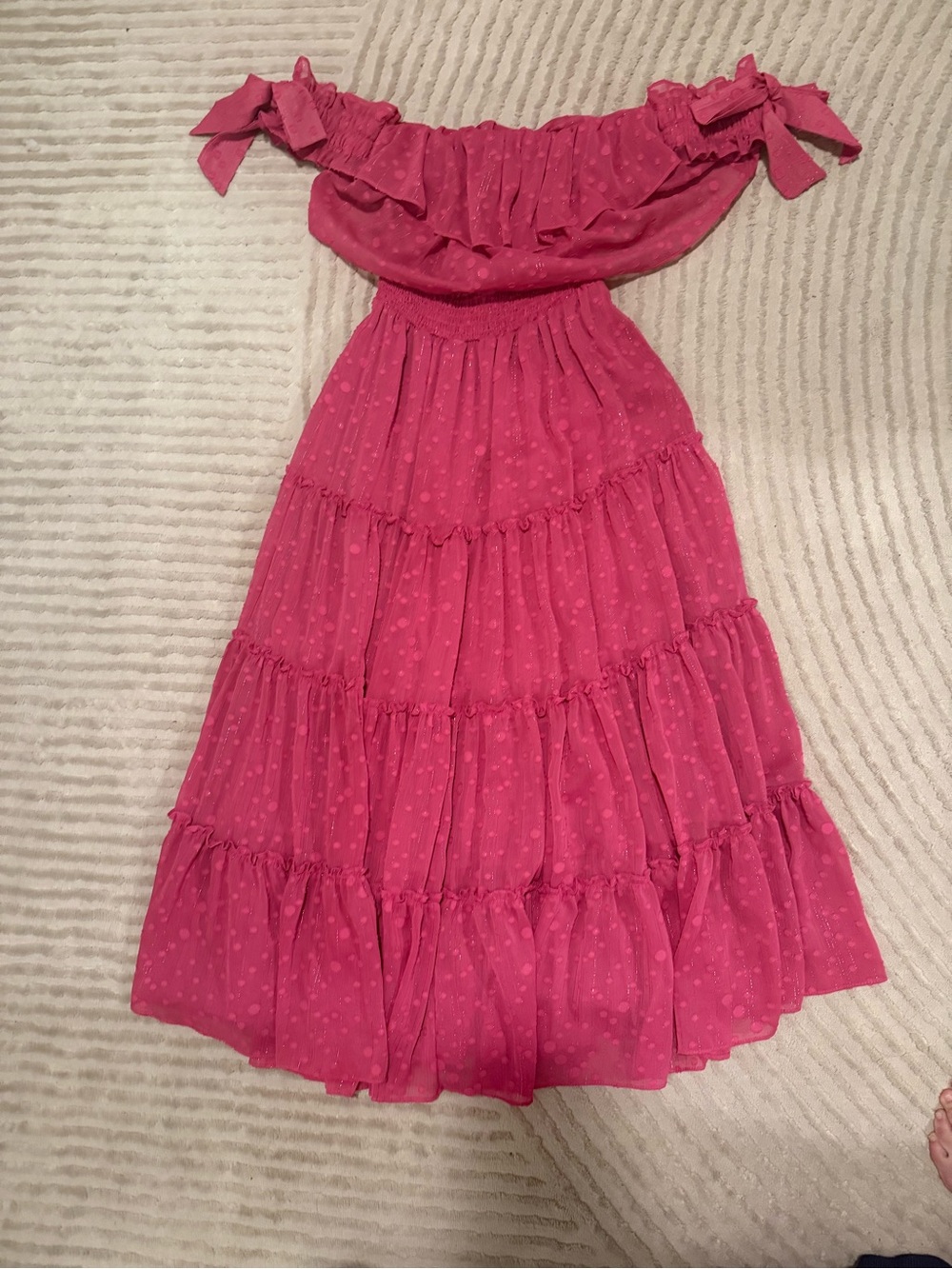 MISA Los Angeles Pink Off Shoulder Swiss Dot Tiered Midi Dress XS